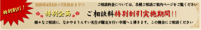 新元号記念ご相談料期間限定割引！ご相談料金については、各種鑑定ページをご覧ください。様々なご相談に、なかやまうんすい先生が鑑定を行い幸運へと導きます。この機会にご相談ください。